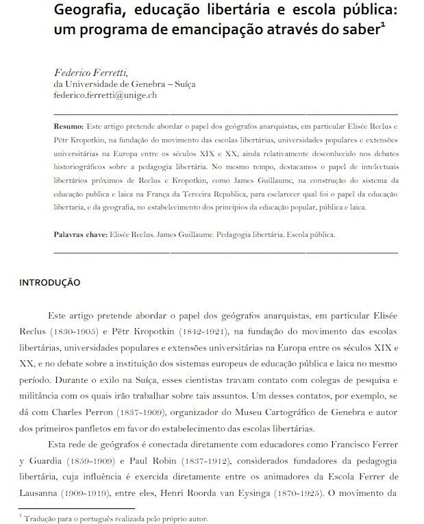 Geografia, educação libertária e escola pública na Europa entre os séculos XIX e XX: um programa de emancipação através do saber