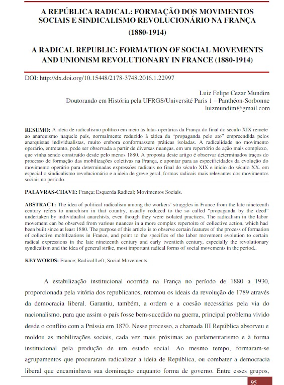A República Radical: Formação dos Movimentos Sociais e Sindicalismo Revolucionário na França (1880-1914)